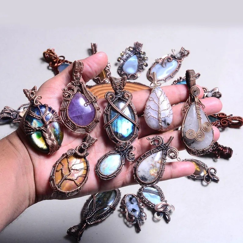 Natural Handmade Mix Gemstone Copper Wire Wrap 10 Pcs Lot Pendant Jewelry Reiki