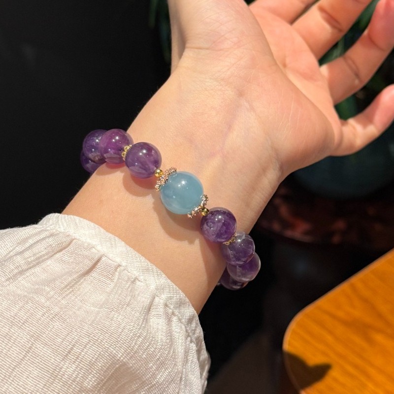 12mm Natural Amethyst and Aquamarine Original Design Handmade Bracelet