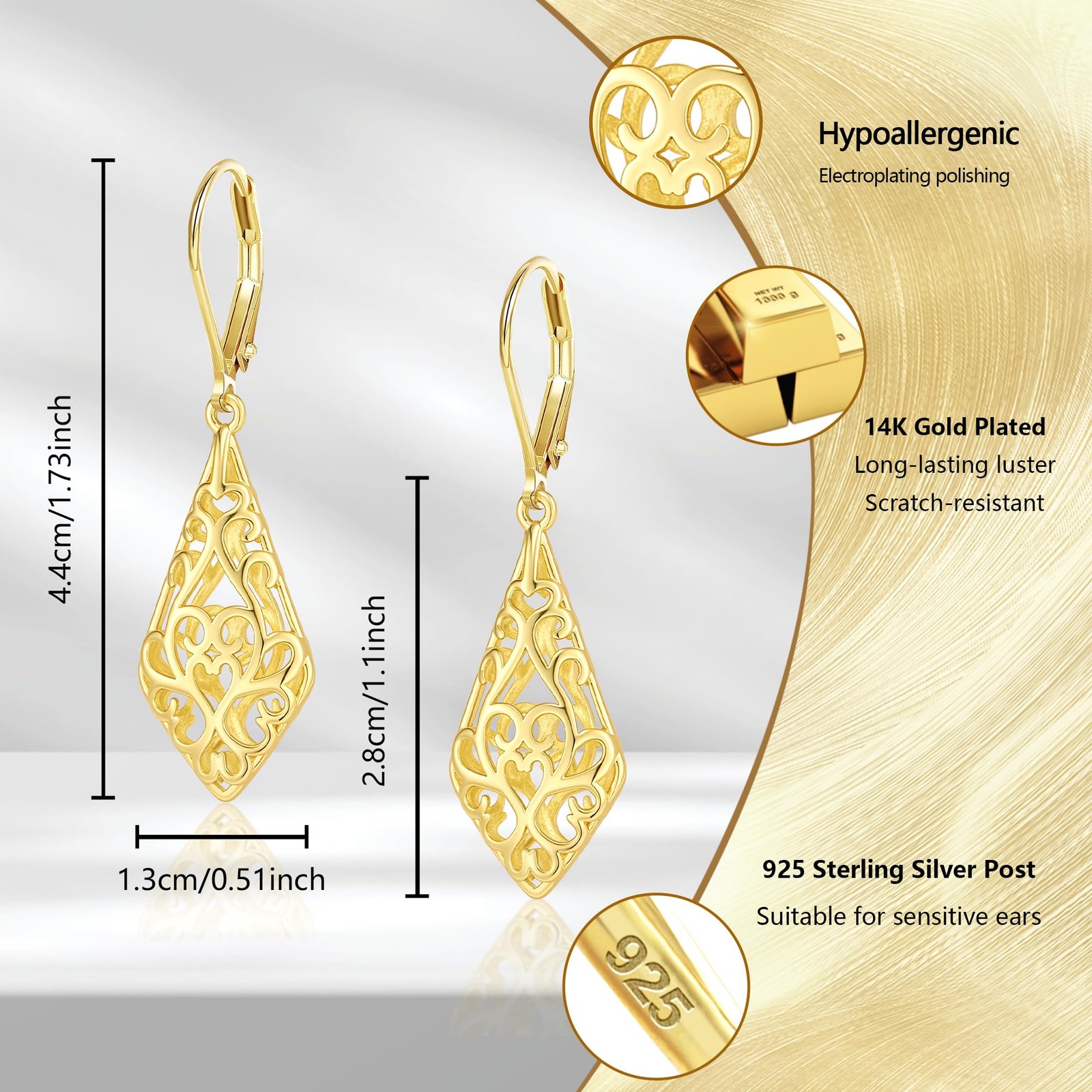 14K Gold Dangle Earrings for Women, Filigree Dangling Leverback Earrings, Gol