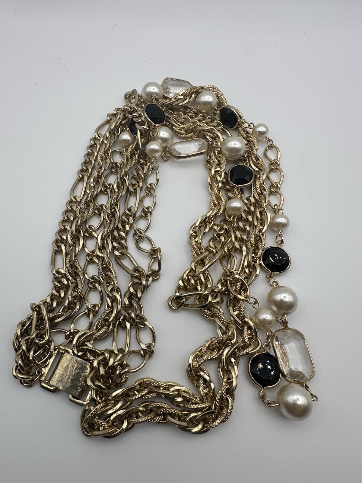 Statement Necklace Gold Tone Layered Cable Chain Sim Pearl Black Clear Beads