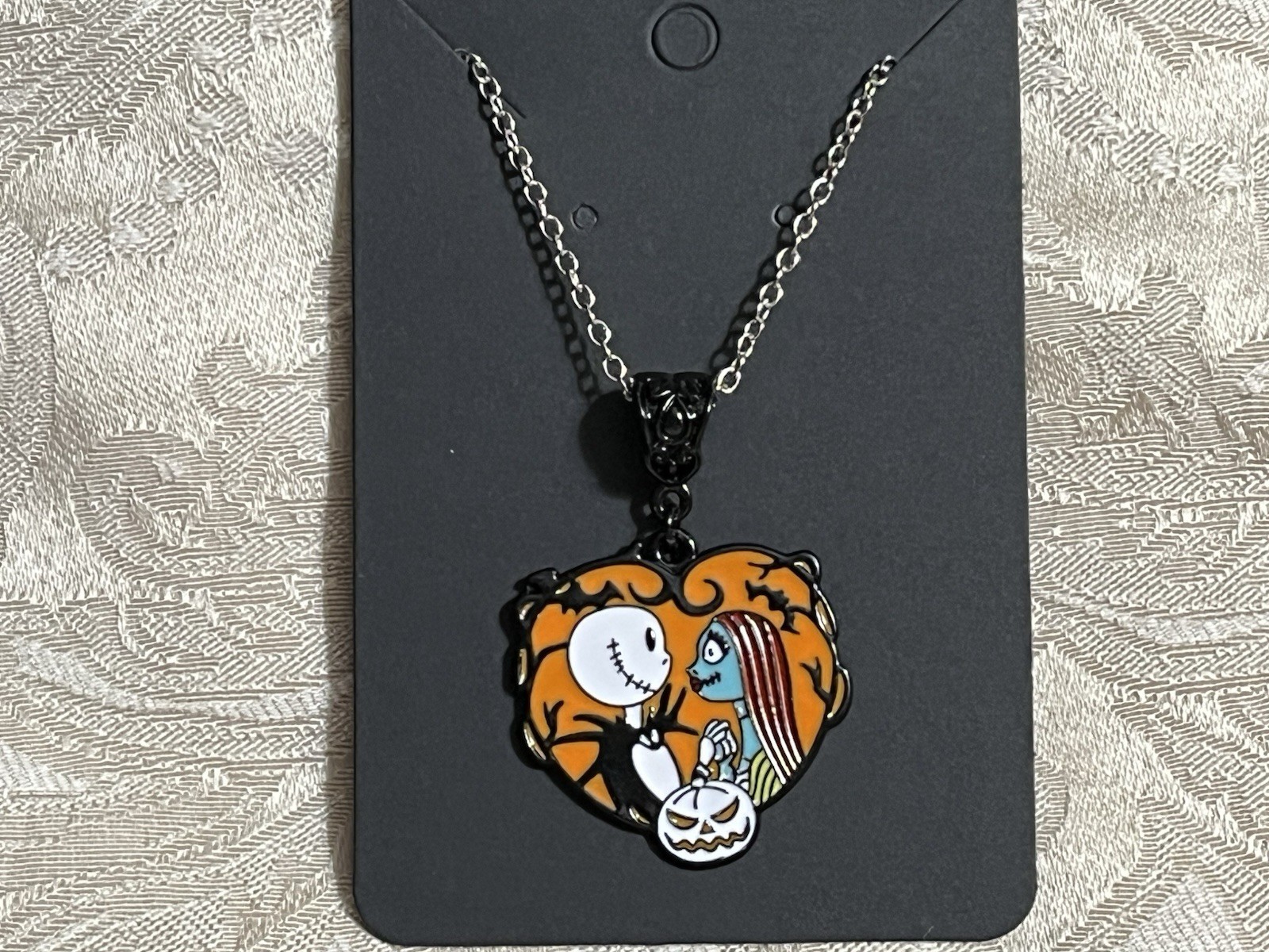Jack Pumpkin Skeleton Zero Sally Nightmare Halloween Charm Silver Necklace 18”