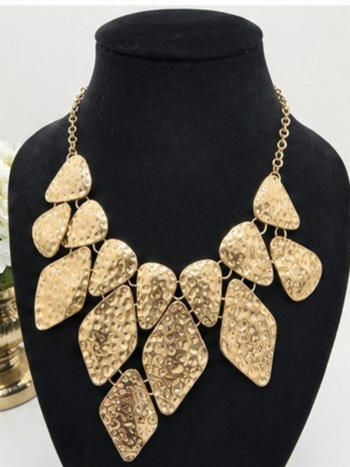 ALDO Gold Tone Hammered Statement Bib Necklace | Adjustable 18-21″ | Modern