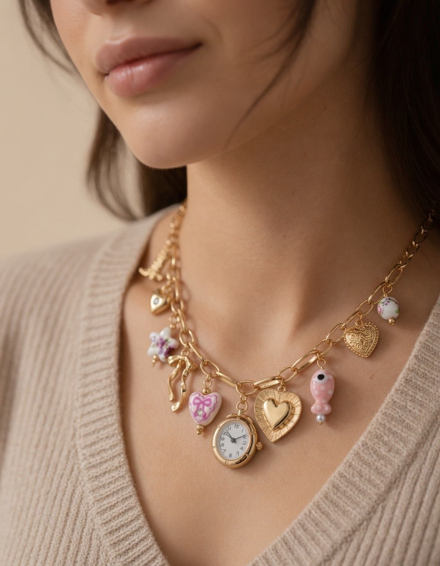 Pink Ceramic Gold Charm Necklace & Bracelet Set, Faux Watch Y2K Coquette Set