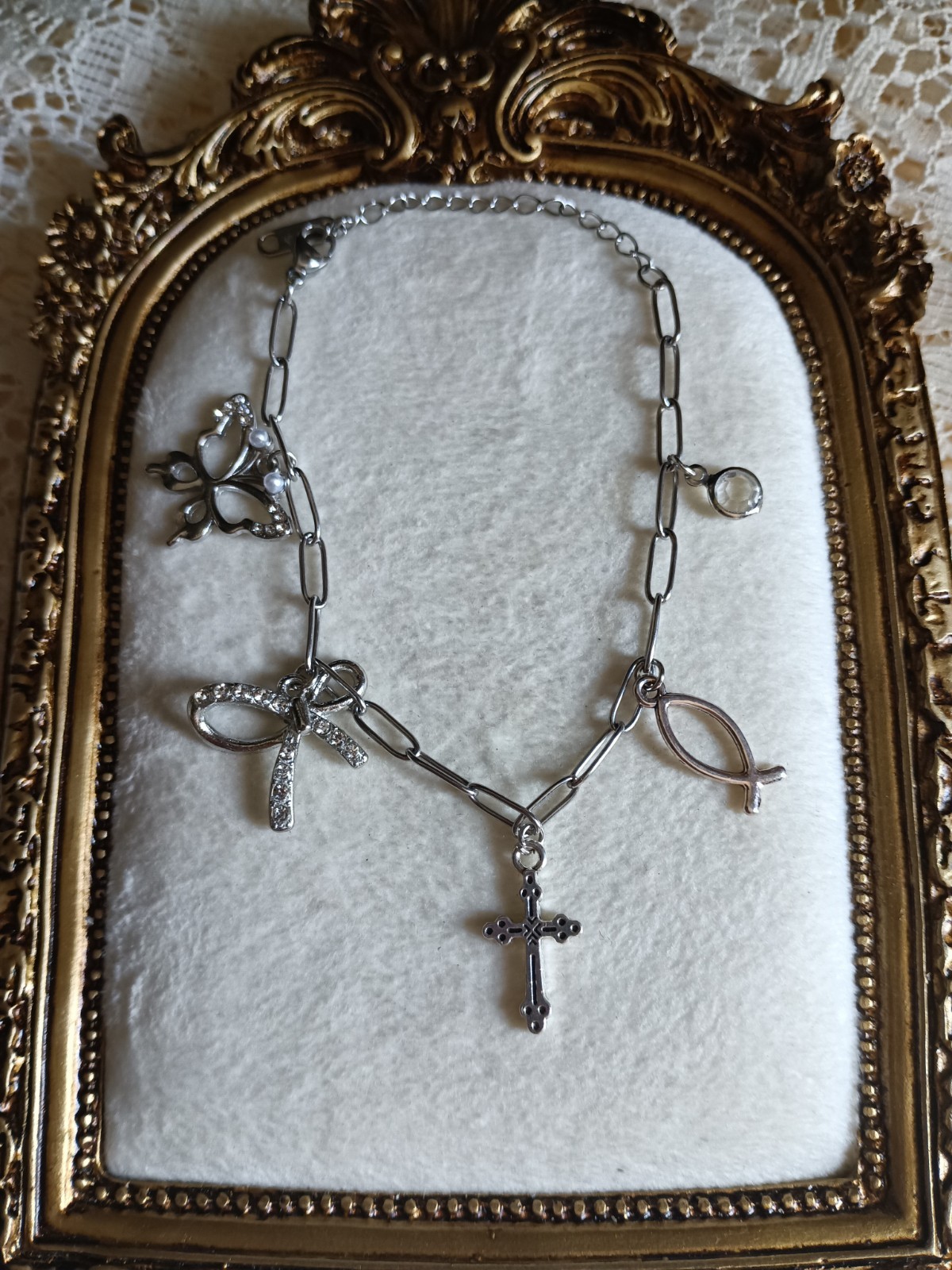 Handmade Silver Tone paperclip Chain Necklace Cross Charm Pendant