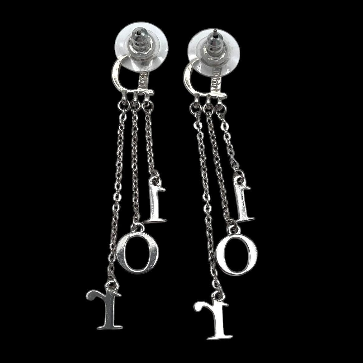 Christian Dior Silver Logo Dangle Chain Earrings Vintage Boxed Condition