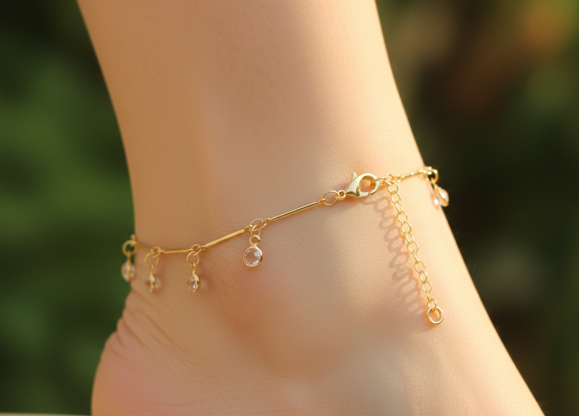 Elegant 18K Gold Plated Brass Anklet Minimalist Dangle Clear CZ Stone Chain
