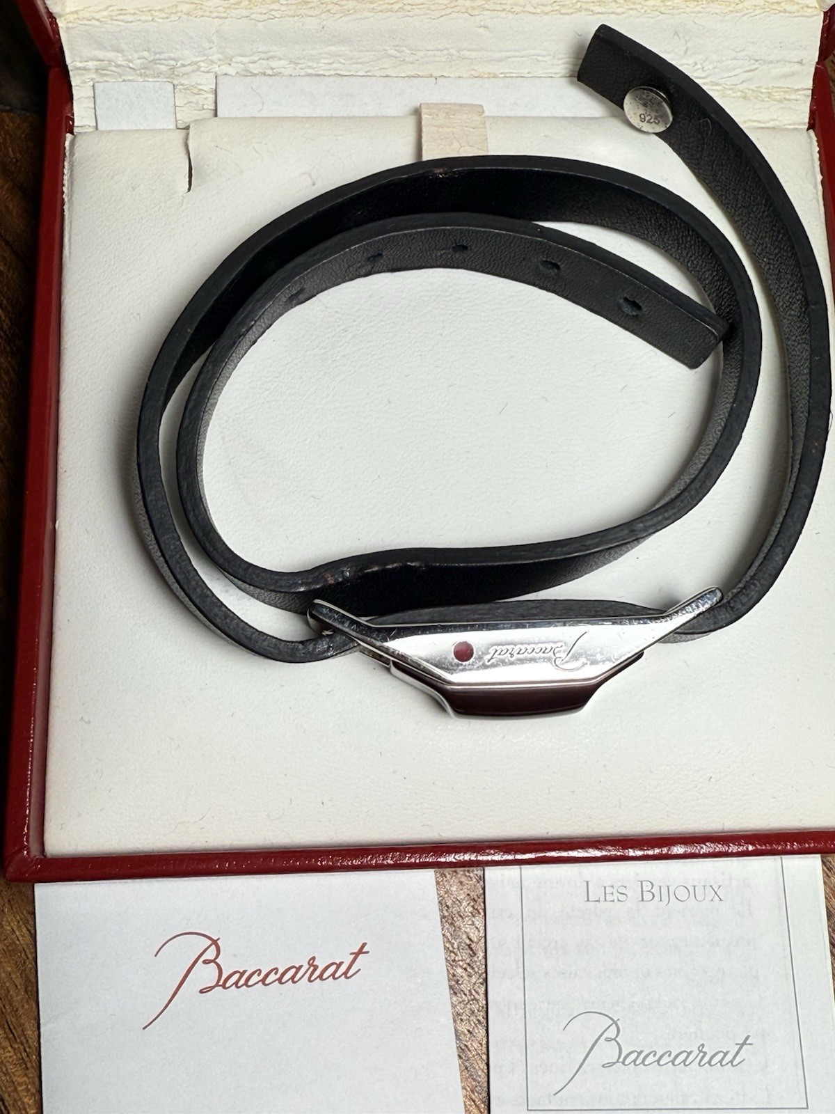 BACCARAT RED CRYSTAL LEATHER CABLE DOUBLE WRAP BRACELET AND S.S .925 / 6.5-7.5”