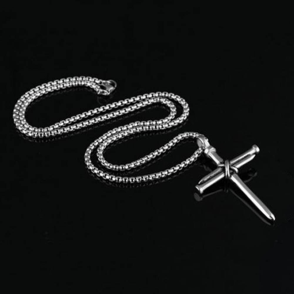 Nail Cross Pendant Necklace – Alloy Metal, 3 Colors, 24″ Rounded Box Chain