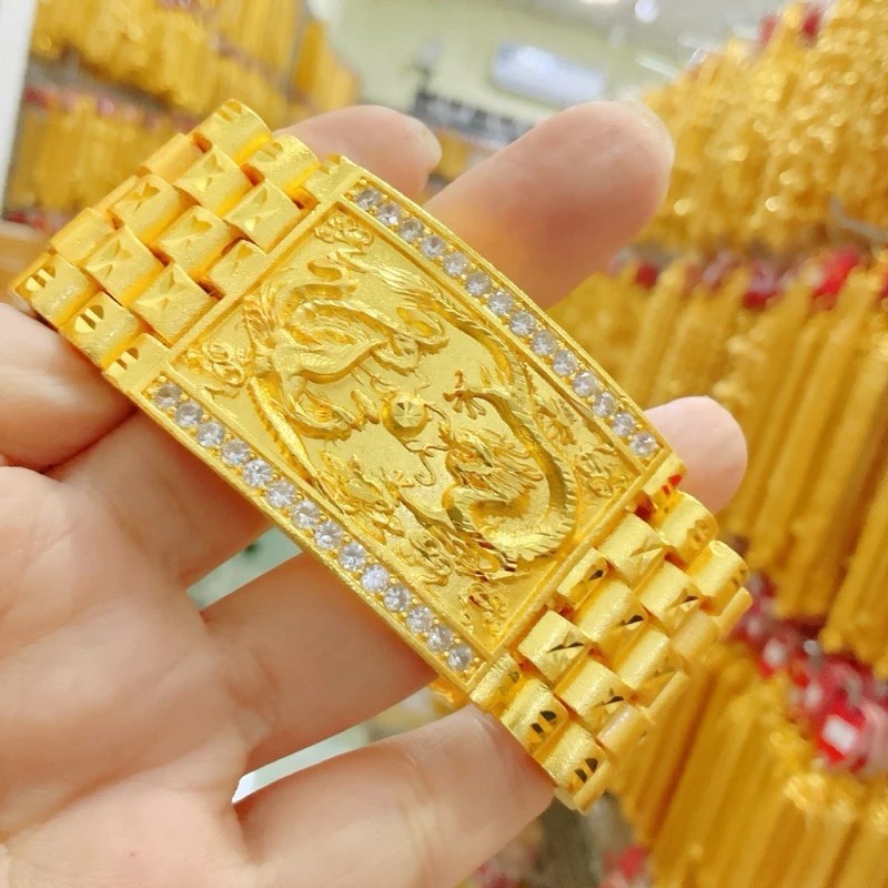H9 Carved Dragon Bracelet 24k Gold Plated Men Jewelry Gem Weight 20 Baht 8.5″