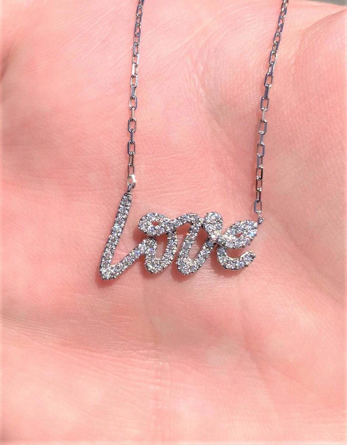 0.50Ct Simulated Diamond Love Pendant Necklace 14K White Gold Plated Silver 18”