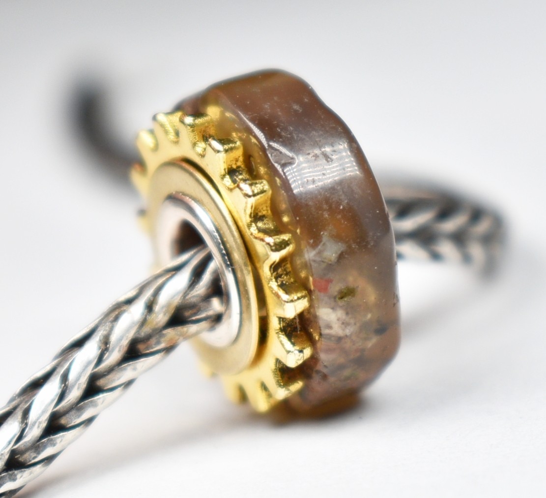 Stick Agate coin charm bead cogwheels, steampunk, Full silver core European bead