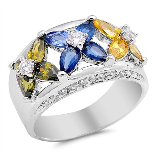 Sterling Silver 3.45 cttw Yellow, Blue And Green Pear Cut Cubic Zirconia Ring