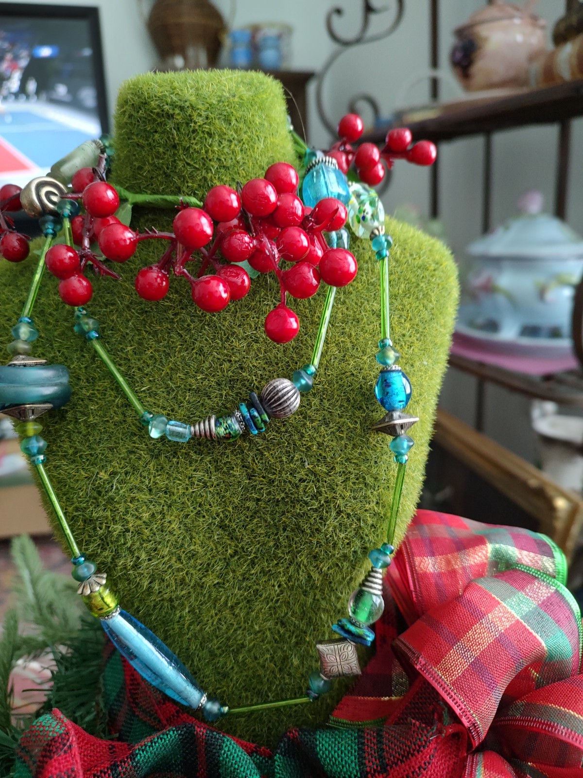 Treska Necklace Teal Glass and Metal 36″ Multi Bead Design