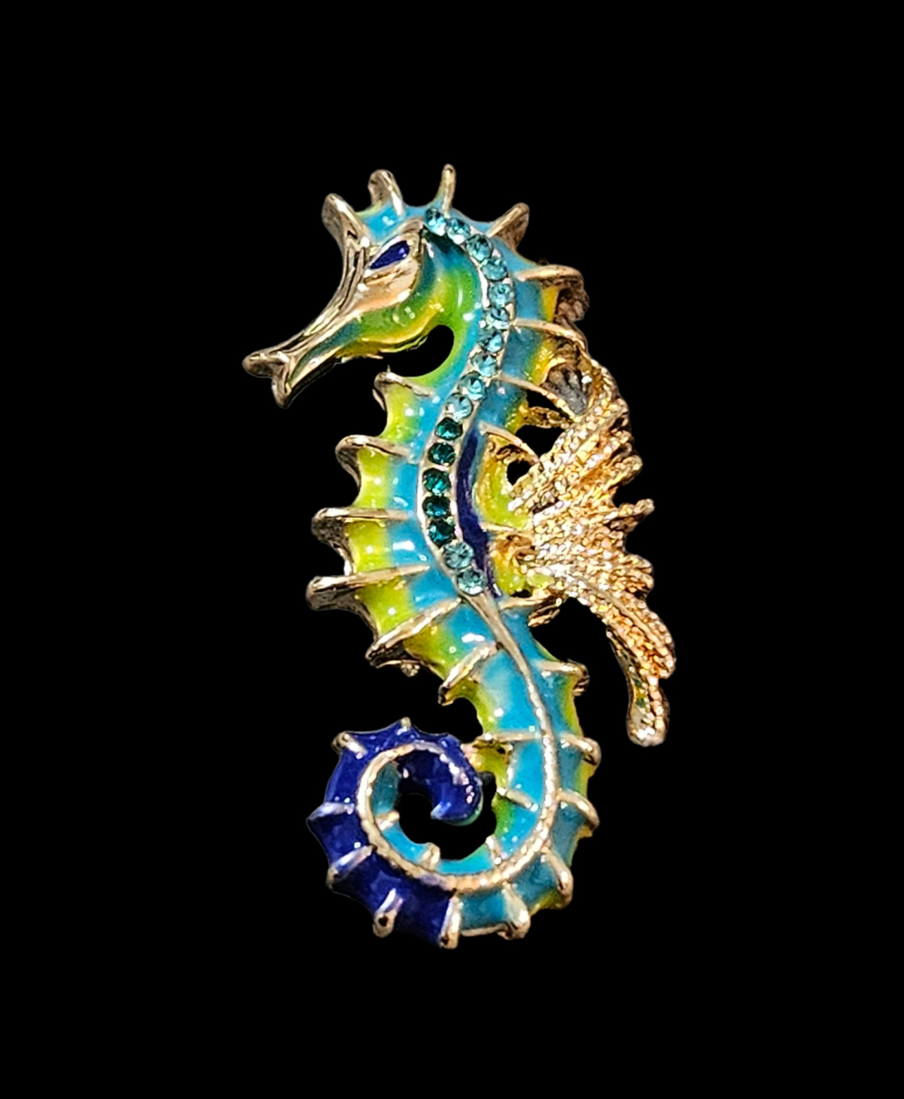 Seahorse Brooch Goldtone Enamel Rhinestones Blue Teal Yellow Green 2-1/8 Inches