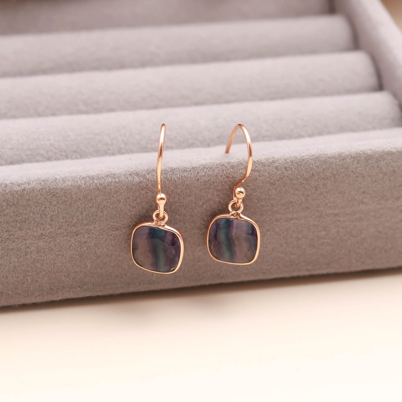 Natural Fluorite Cushion Dangle Earrings Rose Gold Plated Solid Silver Jewelry