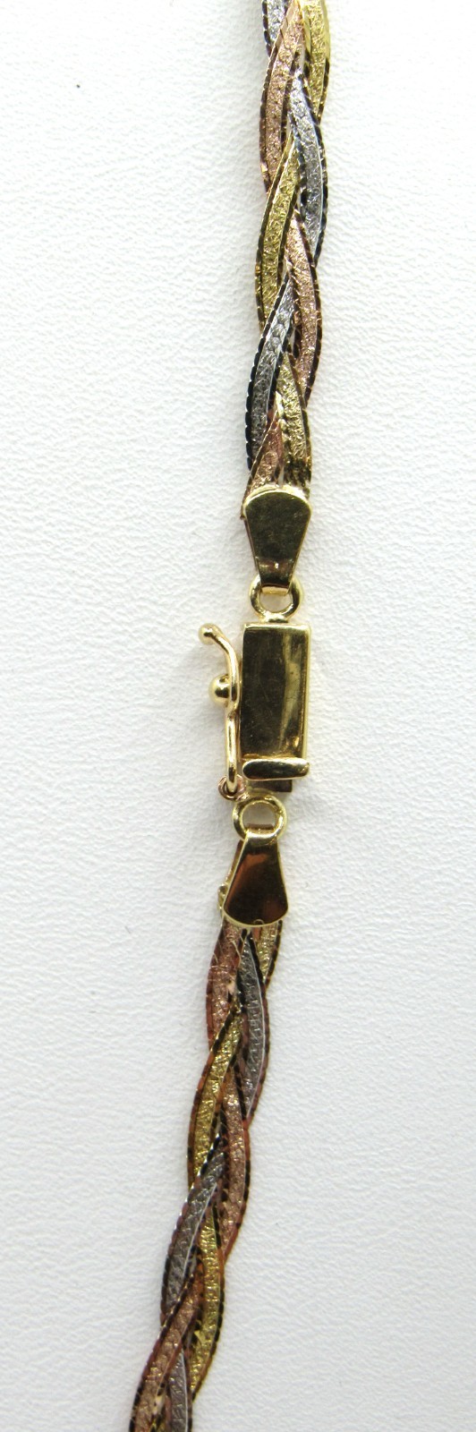 14K TRI-COLORED YELLOW ROSE & WHITE GOLD TWISTED BRAIDED HERRING FLAT NECKACE