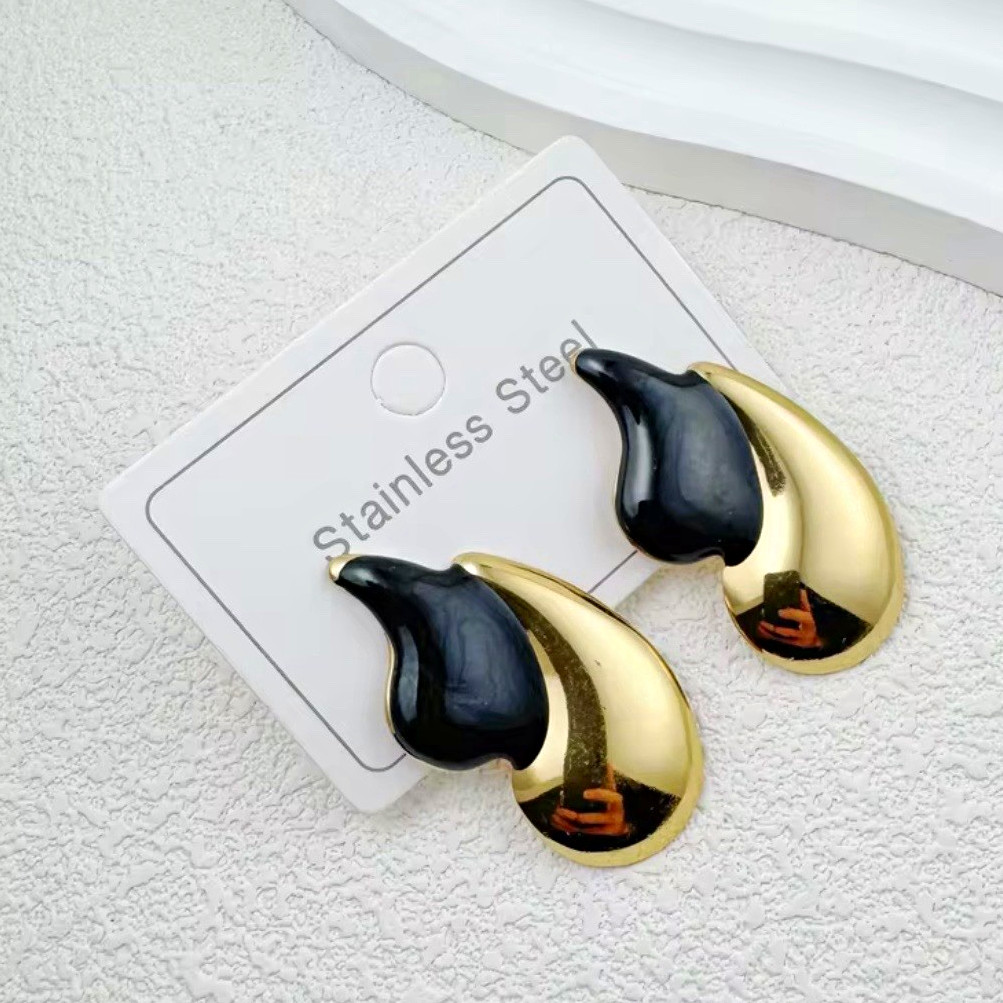 Stainless Steel Teardrop Stud Earrings, Gold/Black Tone, Butterfly Back
