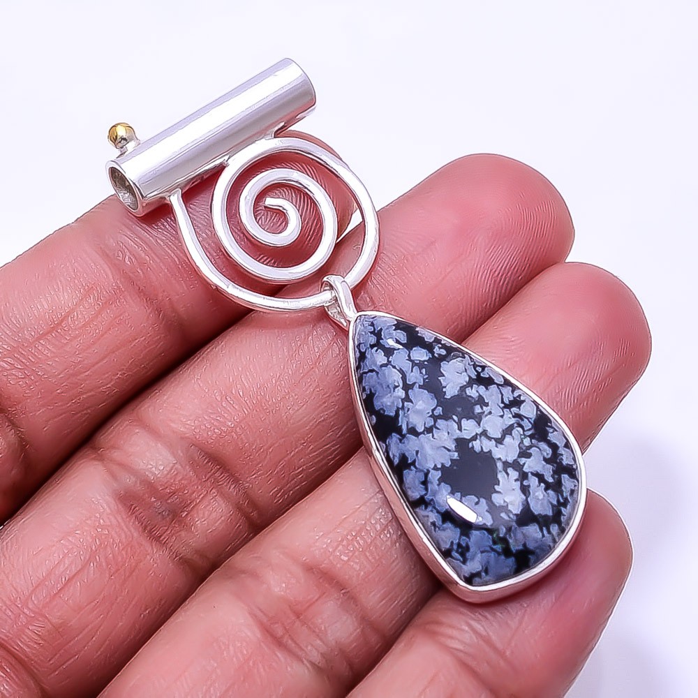 Natural Snowflake Obsidian – Utah Gemstone 925 Sterling Silver Pendant 2.34″P34
