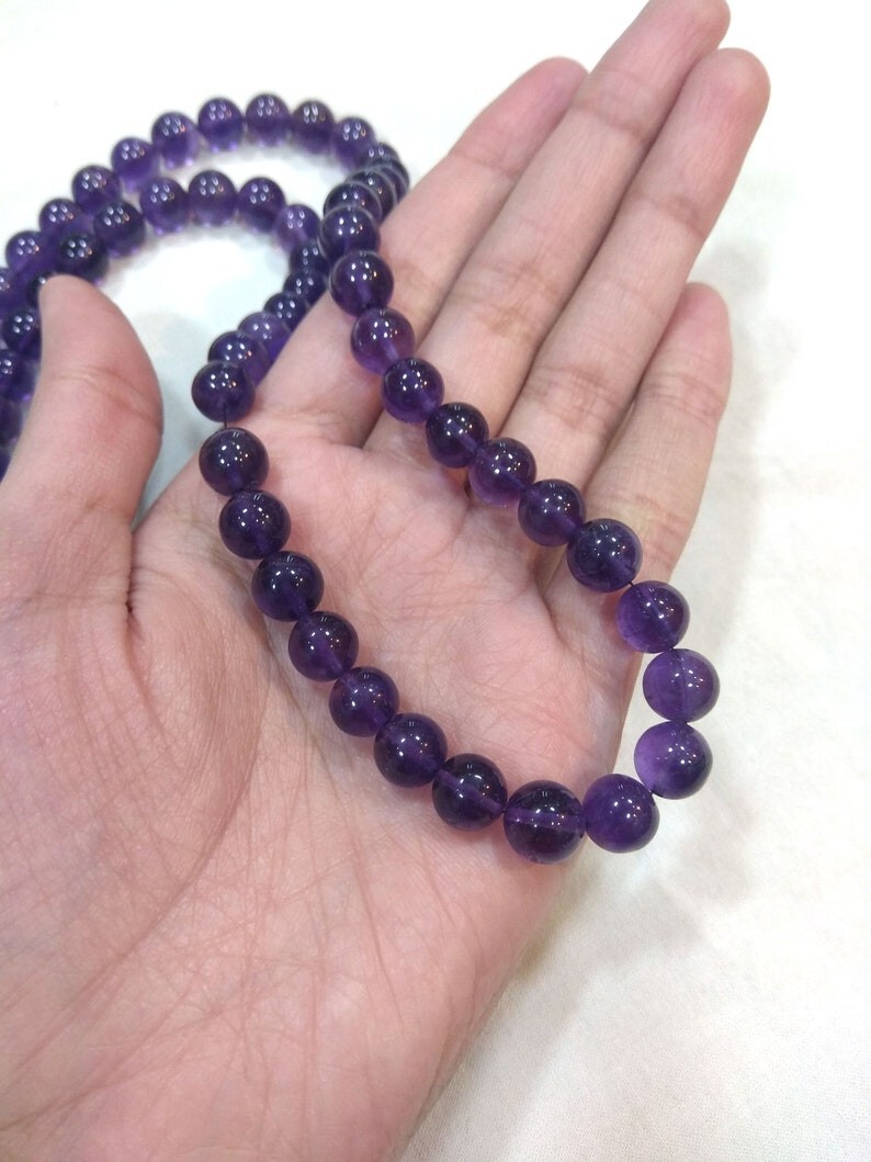 Natural Amethyst Smooth Round Gemstone Beaded February Birthstone Necklaces 24”