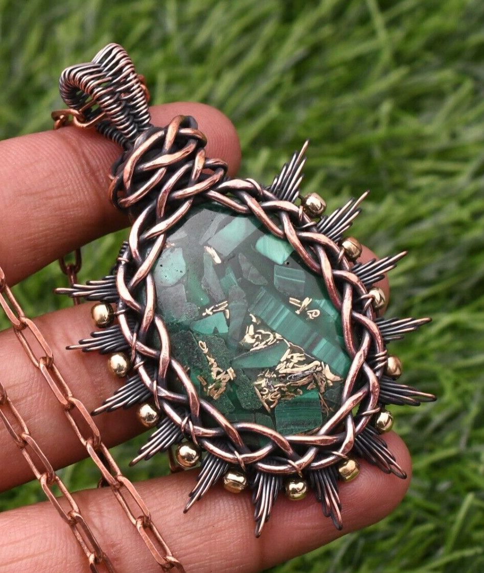 Copper Malachite Gemstone Copper Wire Wrap Handmade Jewelry Pendant 2.28″