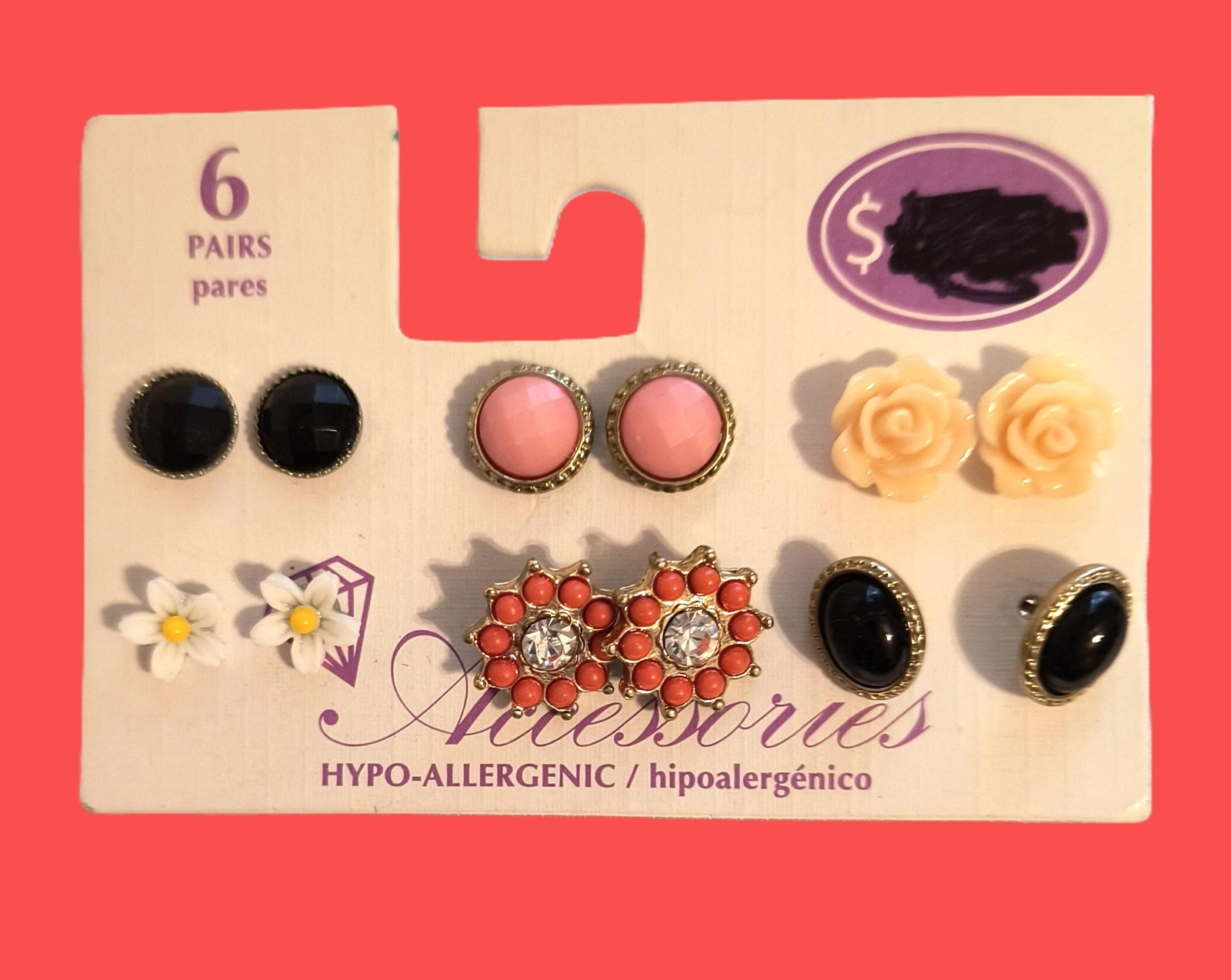 Walmart 6 Pairs Hypo-Allergenic Stud/Post Earrings for Pierced Ears Multicolor