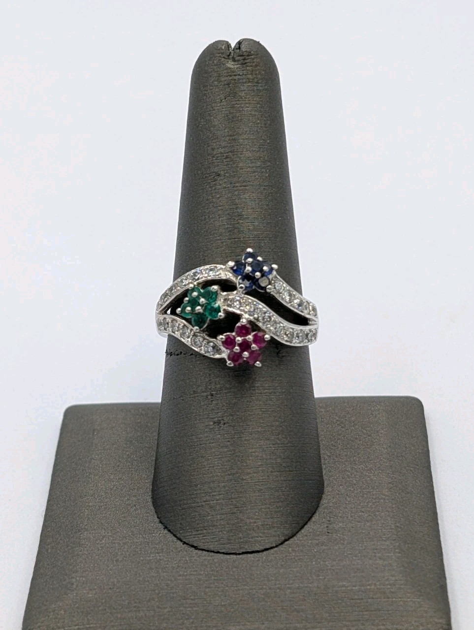 WM Sterling Silver Blue Green Red Flower & White Cubic Zirconia 925 Ring – Sz 8