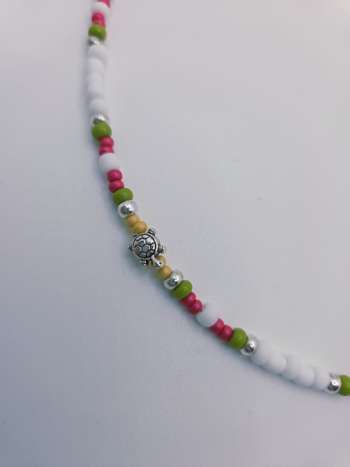 Turtle Necklace Beaded Jewelry Glass Beads White Green Pink Lobster Clasp