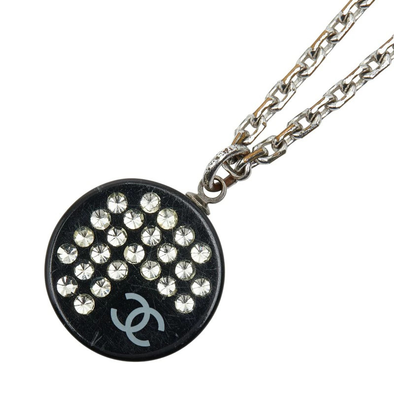 CHANEL Cocomark Rhinestone Necklace Silver Black Metal Plastic Ladies 18.5in