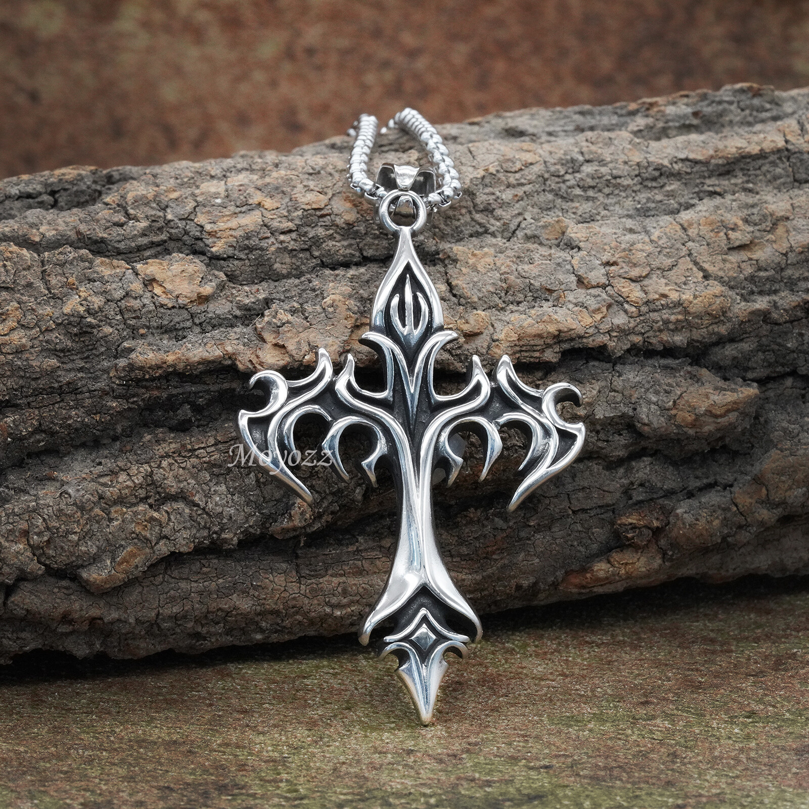 Stainless Steel Mens Gothic Alchemy Fire Cross Pendant Necklace For Men Gift