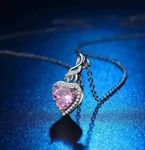 2 CT Heart Cut Simulated Pink Sapphire Pendant Necklace 14k White Gold Plated
