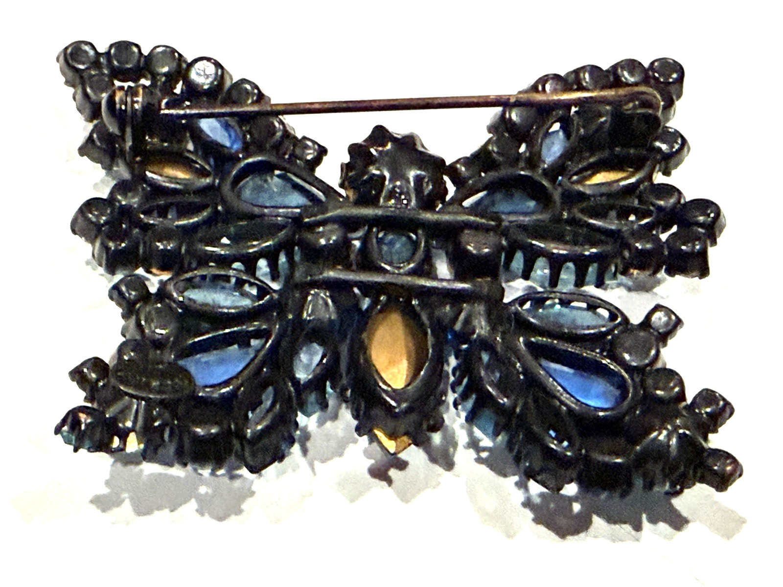AUSTRIA JAPANNED BLACK METAL BUTTERFLY BROOCH PIN BLUE CRYSTAL RHINESTONES EUC