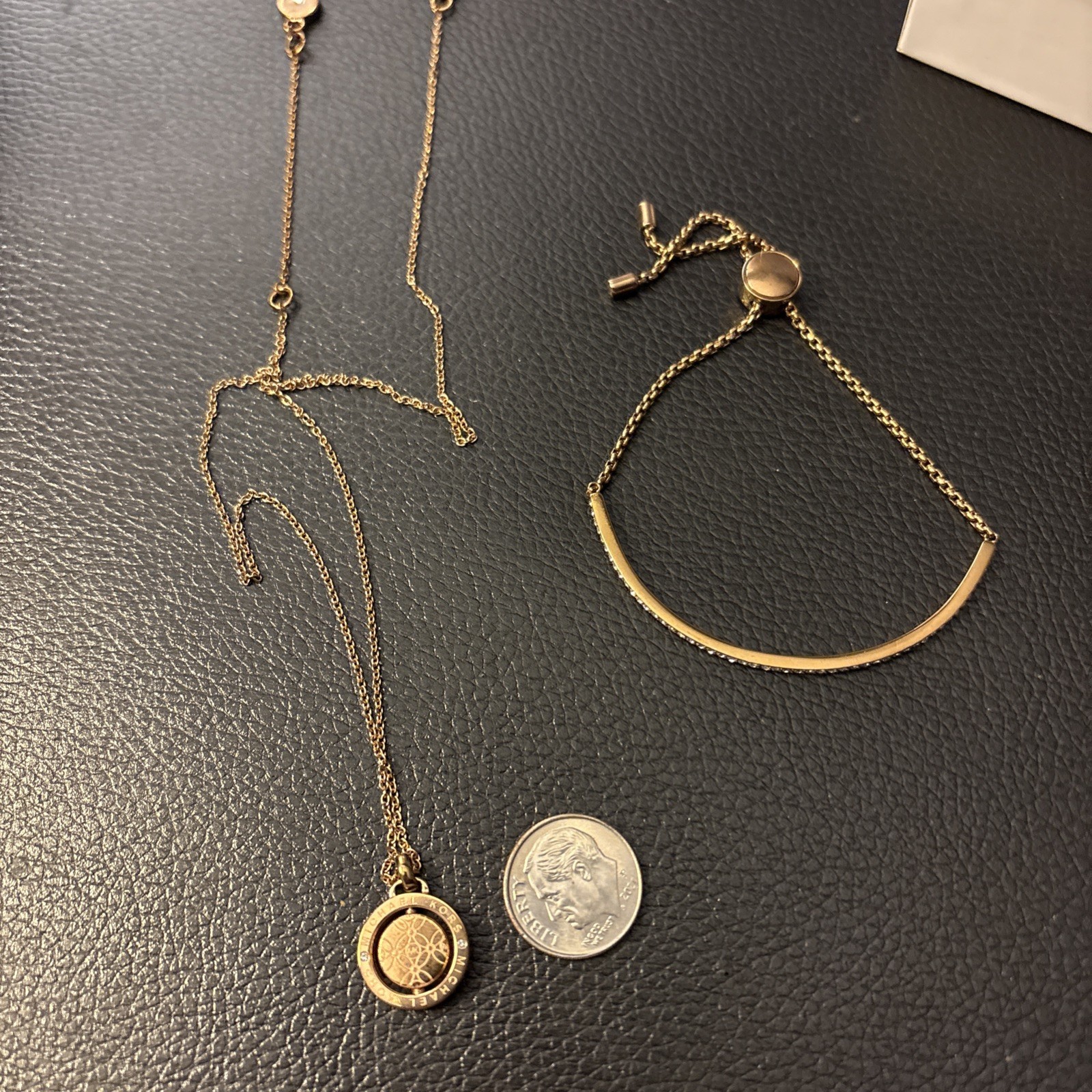 Michael Kors Pave Bar Slide Bracelet And Matching 18 Inch Rose Color Necklace