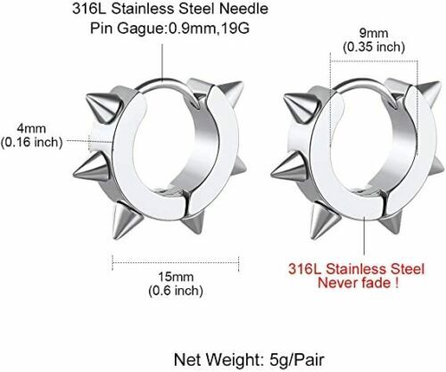 Punk Rock Stainless Steel Spike Circle Huggie Hinged Hoop Earrings for Men Women