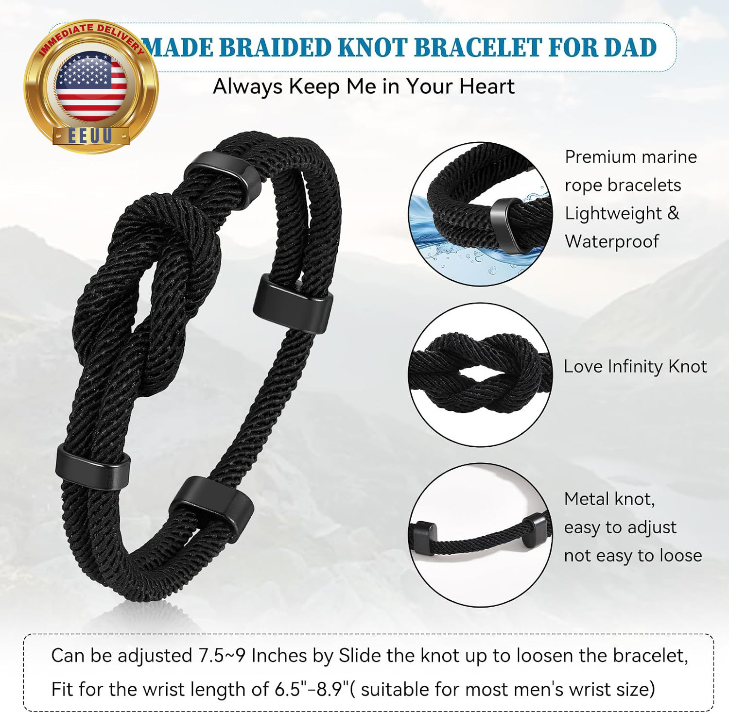 Fathers Day Bracelet for Dad – Love Knot Bracelets Gift for Men, Braided Cord Ro