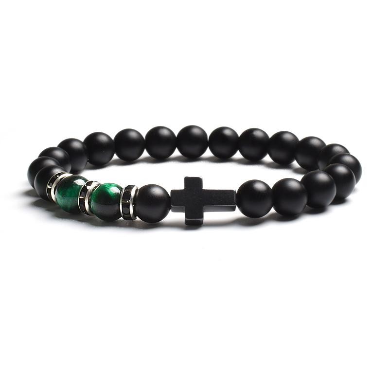 Tiger Eye & Black Agate Beaded Bracelet Men Women Elastic Cross Faith Jewelry