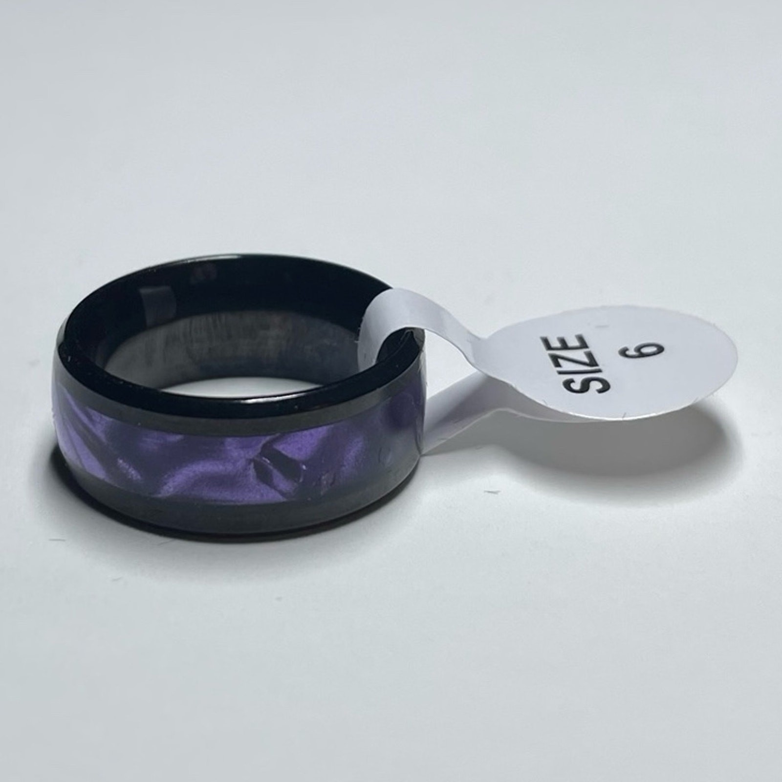 8mm Black Tungsten With Synthetic Purple Tiger Cowrie Inlay Band Ring Size 6