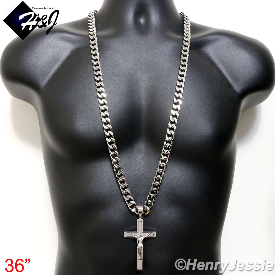 18-40″MEN Stainless Steel WIDE 11mm Silver Cuban Curb Necklace Cross Pendant*J1