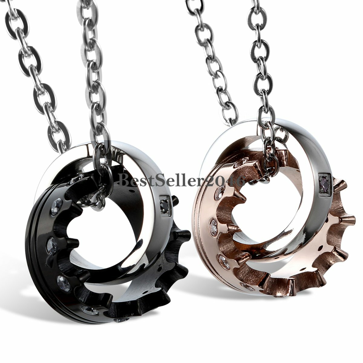 2PCS Stainless Steel His Queen Her King Crown Ring Pendant Couple Necklace Gift