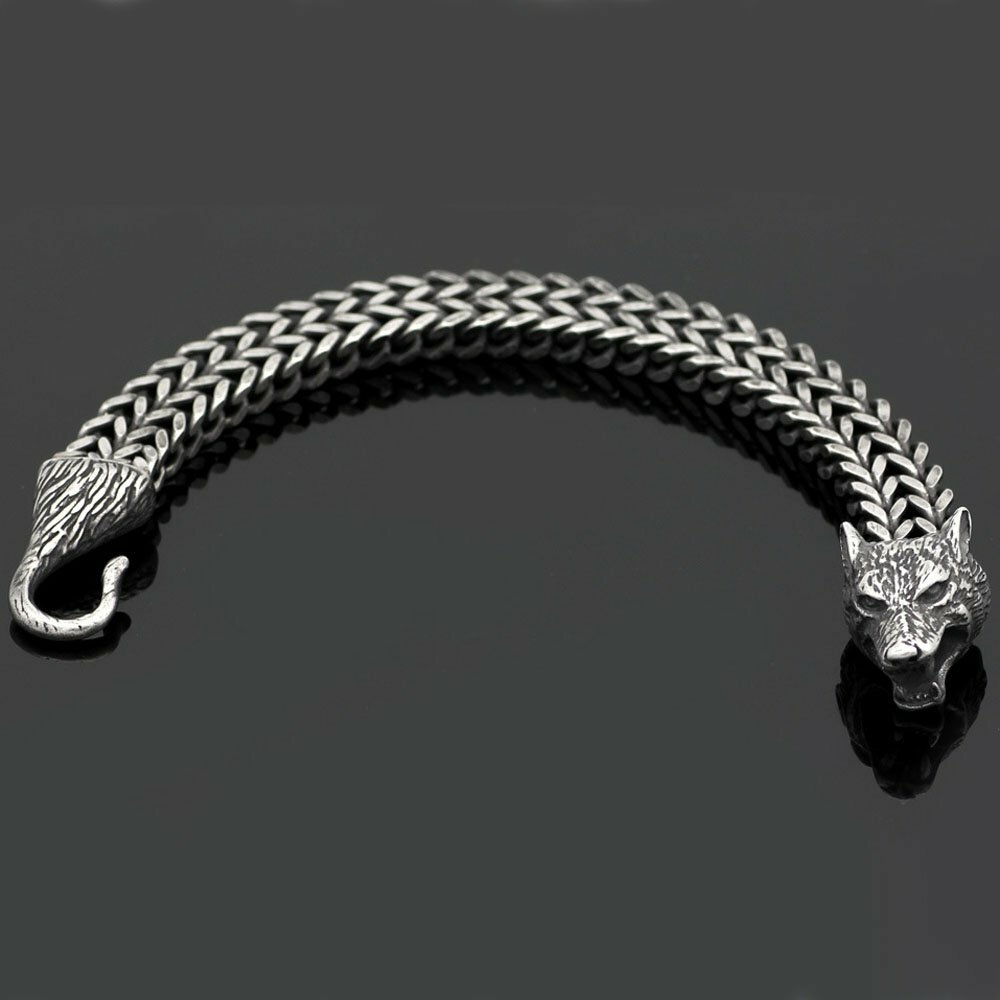 MENDEL 8 Inch Mens Black Stainless Steel Viking Fenrir Wolf Head Bracelet Men