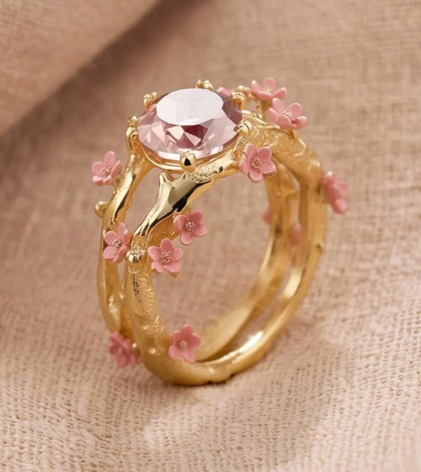 Gold Cherry Blossom Ring Pink Stone Branch Flower Statement Band Stainless Steel