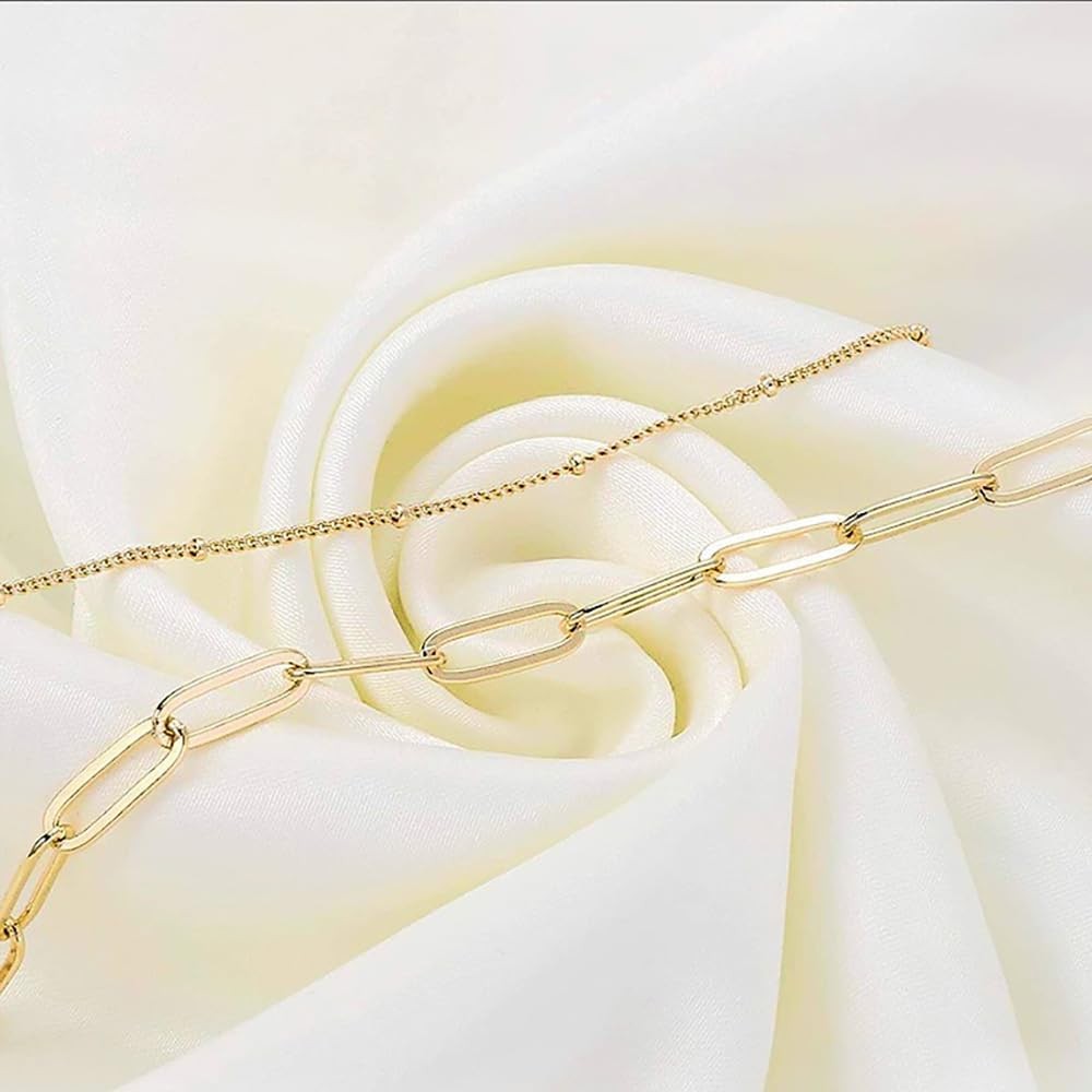 Dainty Gold Bracelets for Women, 14K Gold Filled Adjustable Layered Bracelet Cut