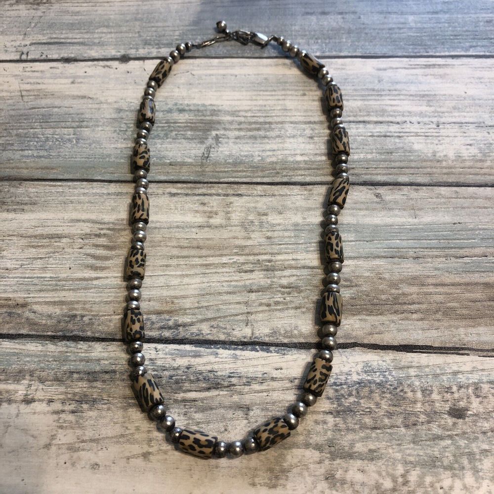 Sterling Silver 925 Vintage Beads Ball Brown Cylinder Necklace 18″ Animal Print