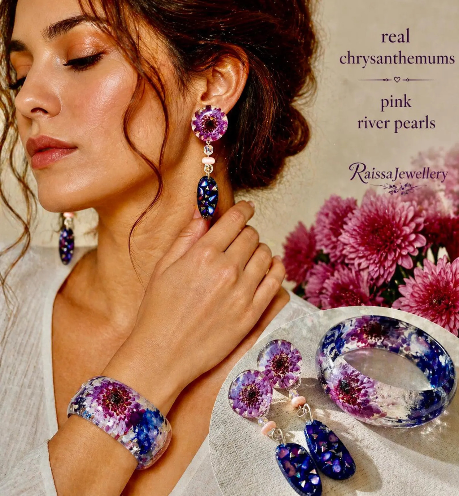 Chrysanthemum Jewelry Set – Real Pressed Flowers Resin Bangle & Earrings