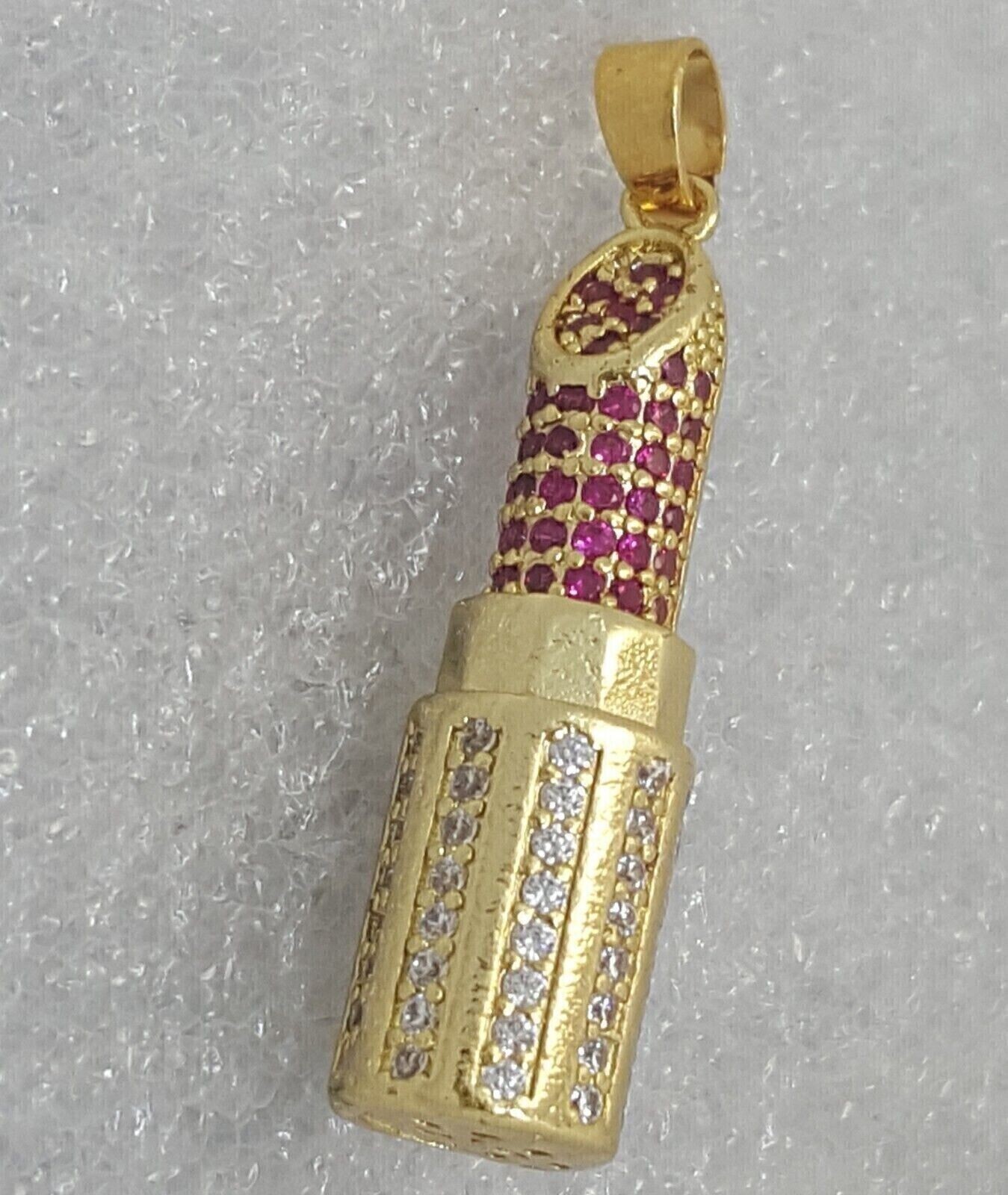2ct Ruby & Diamond Simulated Lipsticks Pendant 18”chain 14k Yellow Gold Plated