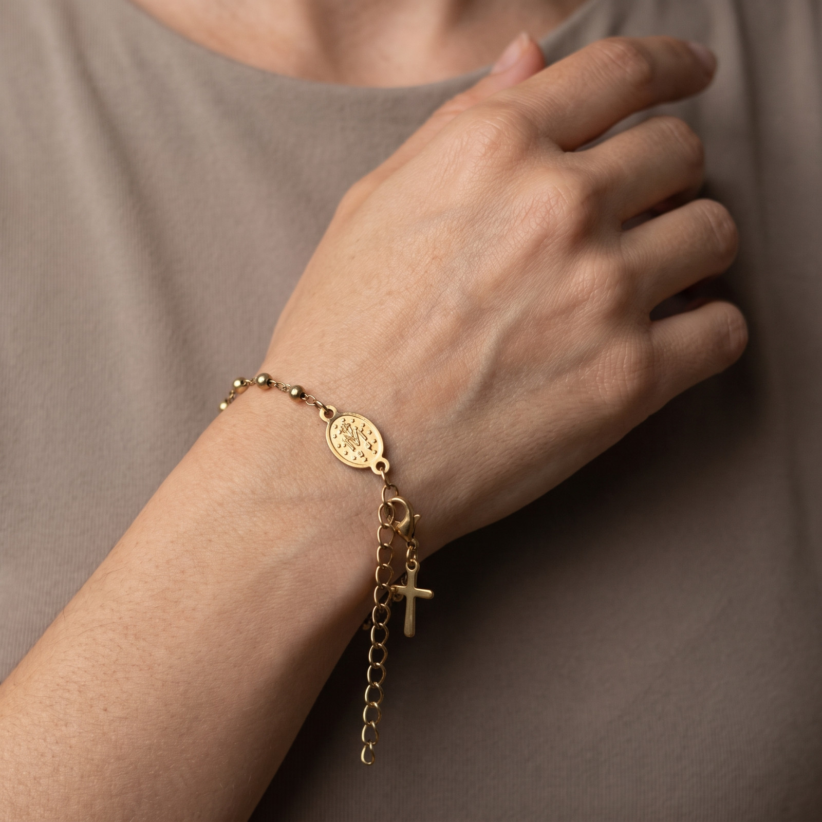 Gold Religious Bracelet Women Virgin Mary Medal Cross Stainless Steel