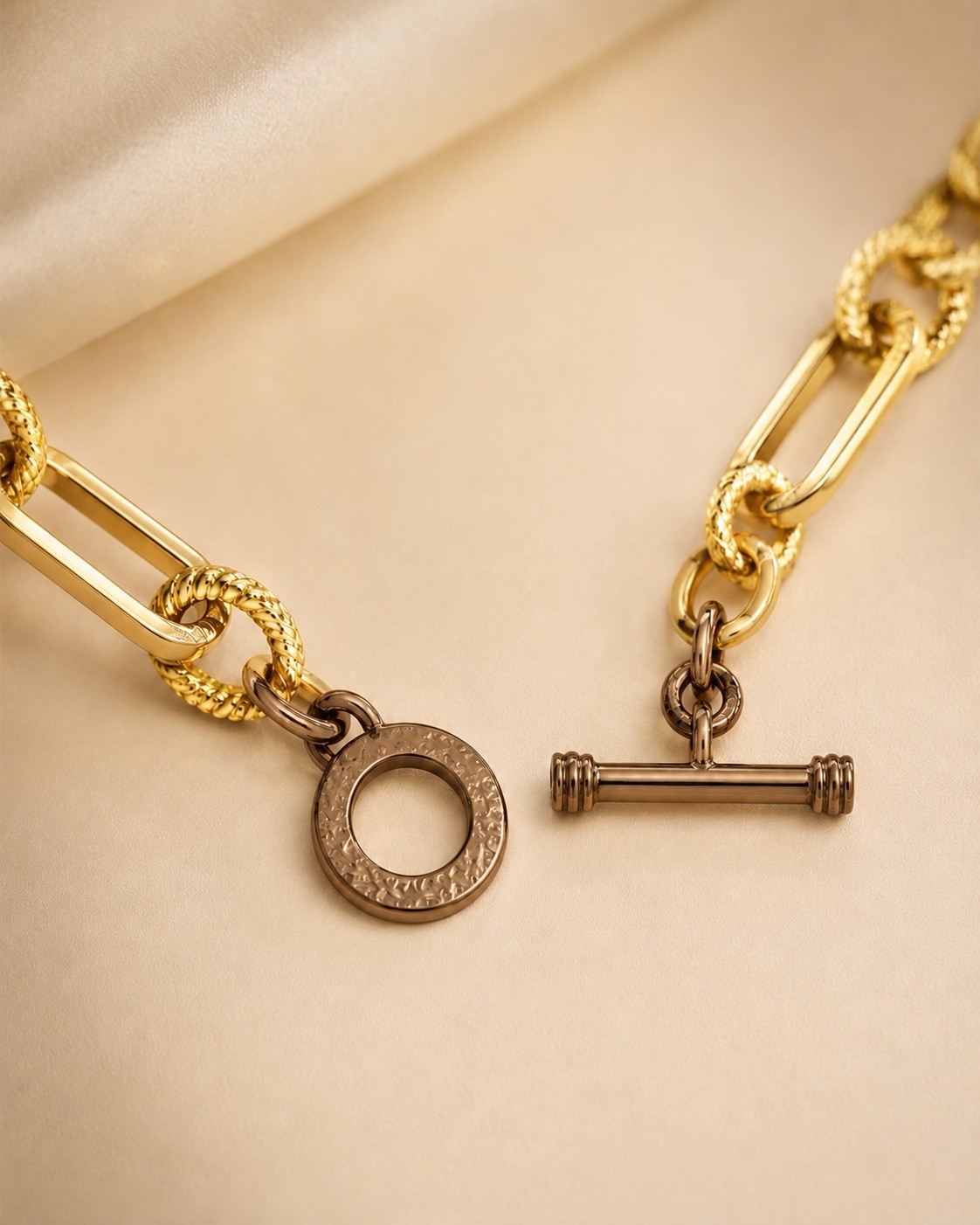 14K Gold Plated Mixed Link Toggle Clasp Bracelet Textured Statement Jewelry