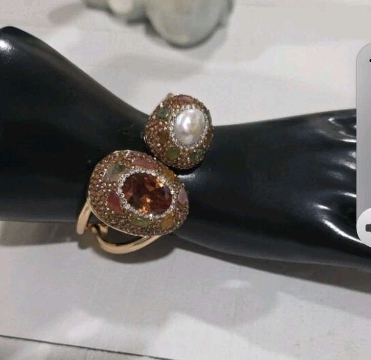 Gold Tone Stackable Cuff Bangle Bracelet w/ White Oval Pearl & Amber Color Stone