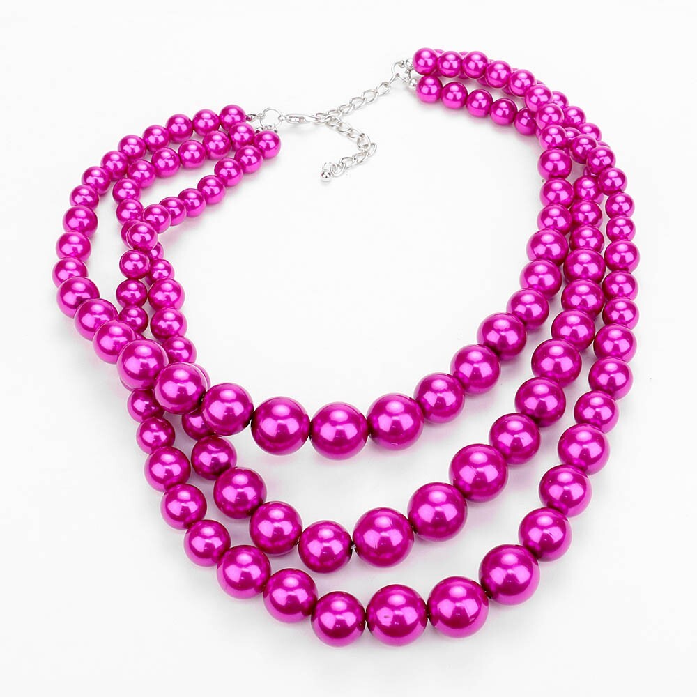 3 Row Fuchsia Hot Pink Chunky Necklace Pearl Multi Strand Earrings Layer Bead