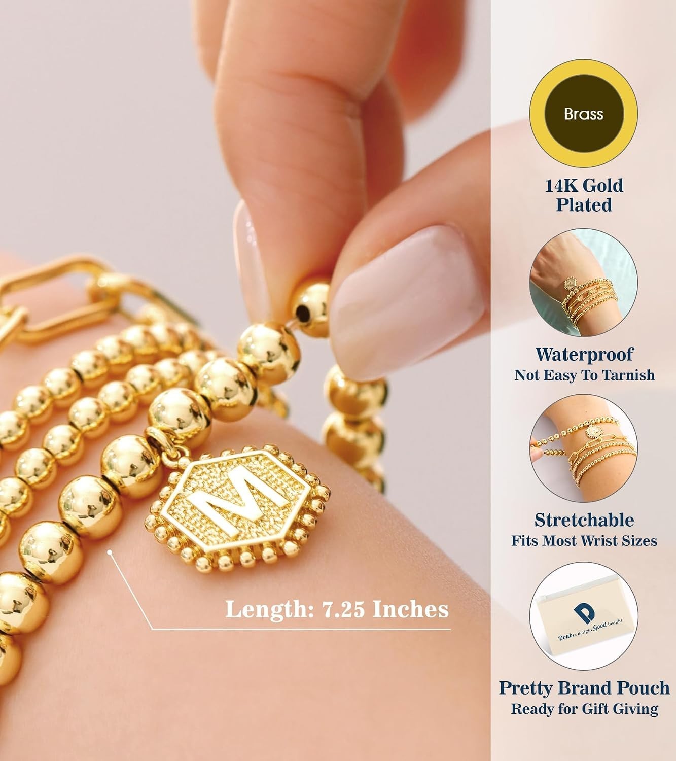 14K Gold Plated Initial Charm Beaded Bracelets – Stylish Stackable Jewelry Set