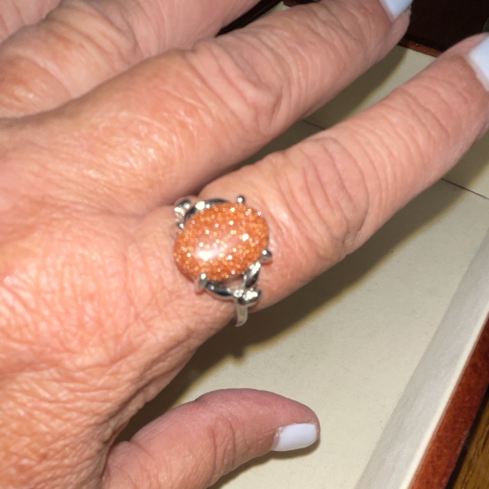 Silver-Tone Cocktail Ring Orange Oval Simulated Goldstone Prong Set Size 7